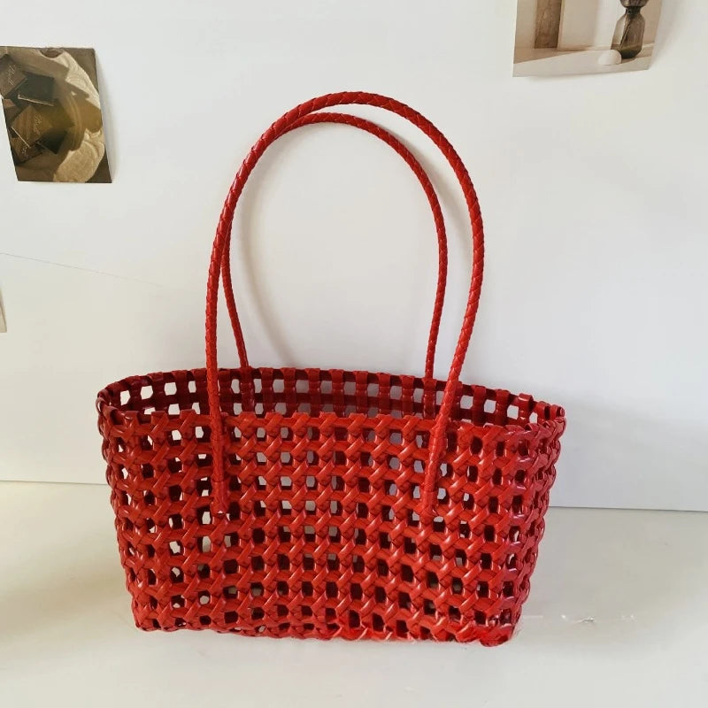 1pcs Plastic Hollow Weave Bag Countryside Style Large Capacity Beach Tote Bag Bucket Bag Bohemian Style Woman PVC Handbag Summer