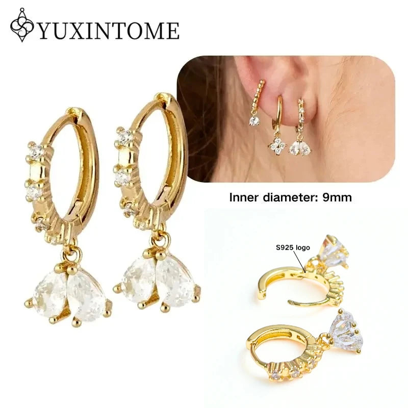 Women's 925 Sterling Silver Ear Needle Crystal Zircon Water Droplets Stud Hoop Gold Huggie Earrings Premium Luxury Party Jewelry