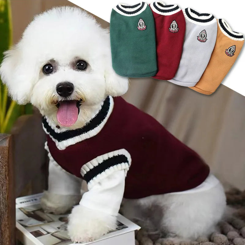 V-Neck Knit Dog Sweater Vest College Style For Autumn