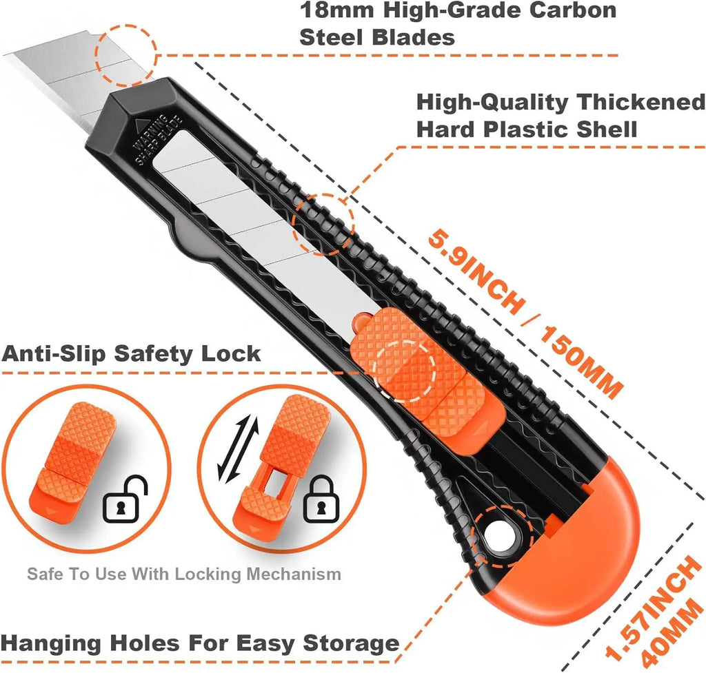 3 Pack Utility Knife Box Cutter Retractable, Compact Box Knife for Cartons, Cardboard and Boxes, with 10 Piece 18mm Wider