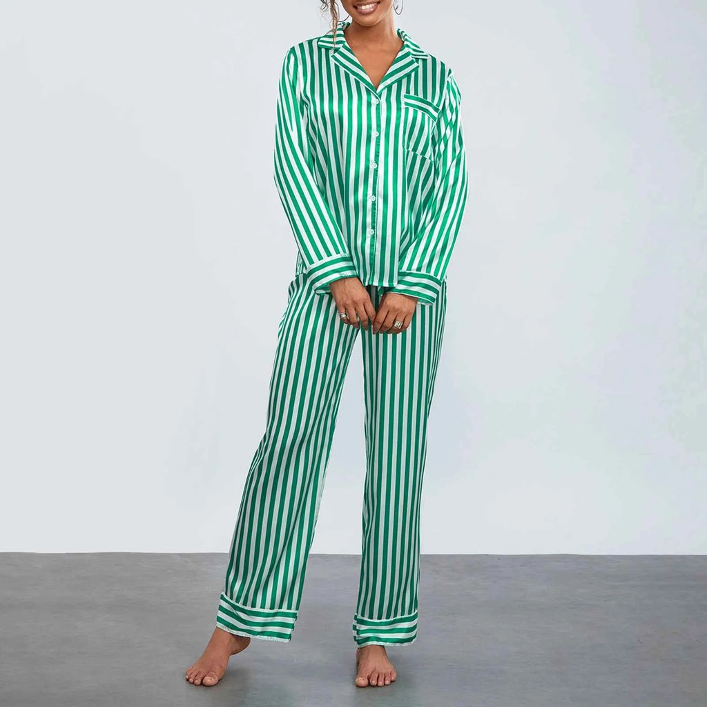 2024 Women Christmas Pajama Sets Striped Long Sleeve Satin Button Shirts with Wide Leg Long Pants Nightwear Sleepwear Loungewear