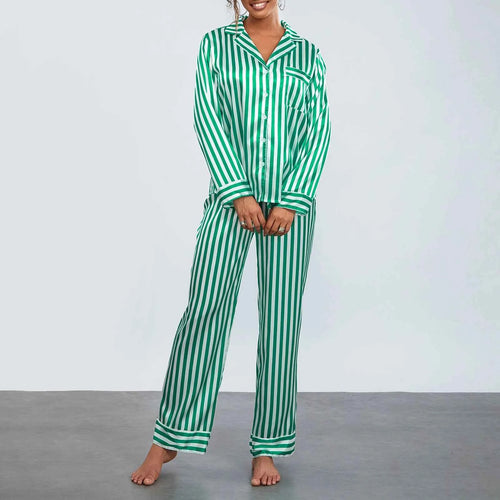 2024 Women Christmas Pajama Sets Striped Long Sleeve Satin Button Shirts with Wide Leg Long Pants Nightwear Sleepwear Loungewear