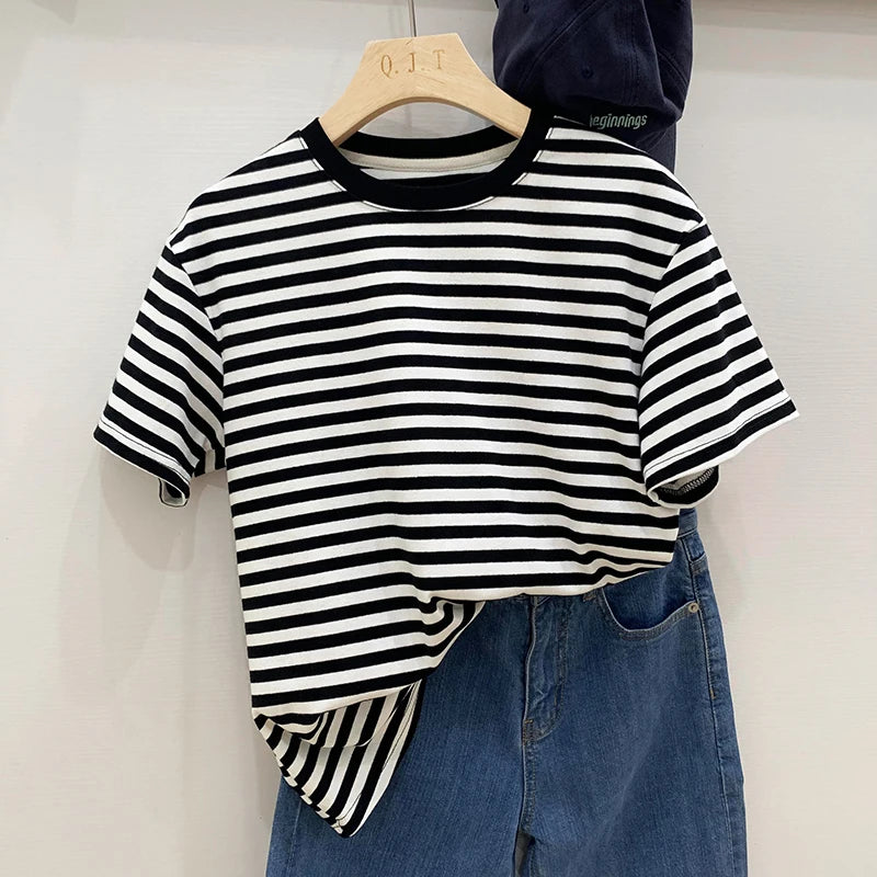 Summer Short Sleeve Striped T-Shirts Versatile Women Knitted Basic Casual Tops Female Cozy Loose Cotton Tees 2023 Harajuku Shirt