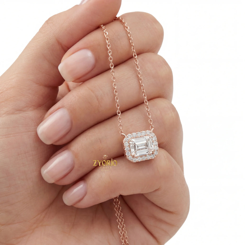 Sterling Silver Emerald Cut Halo Lab Grown Diamond Pendant Necklace Women Elegant Engagement Jewelry Custom OEM ODM
