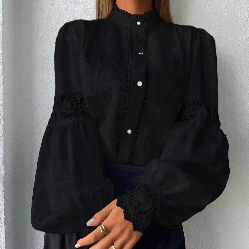 White Lace Blouses Women Elegant Solid Casual Lace and Button Hook Flower Hollow Puff Sleeves Blouse Top Lady Office Shirts