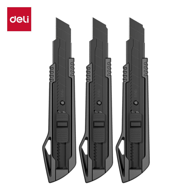 Deli Heavy Duty Utility Knife Sharp Black SK5 Carbon Steel Blades 9mm/18mm/Auto-Retractable Box Cutter for Cardboard Cartons