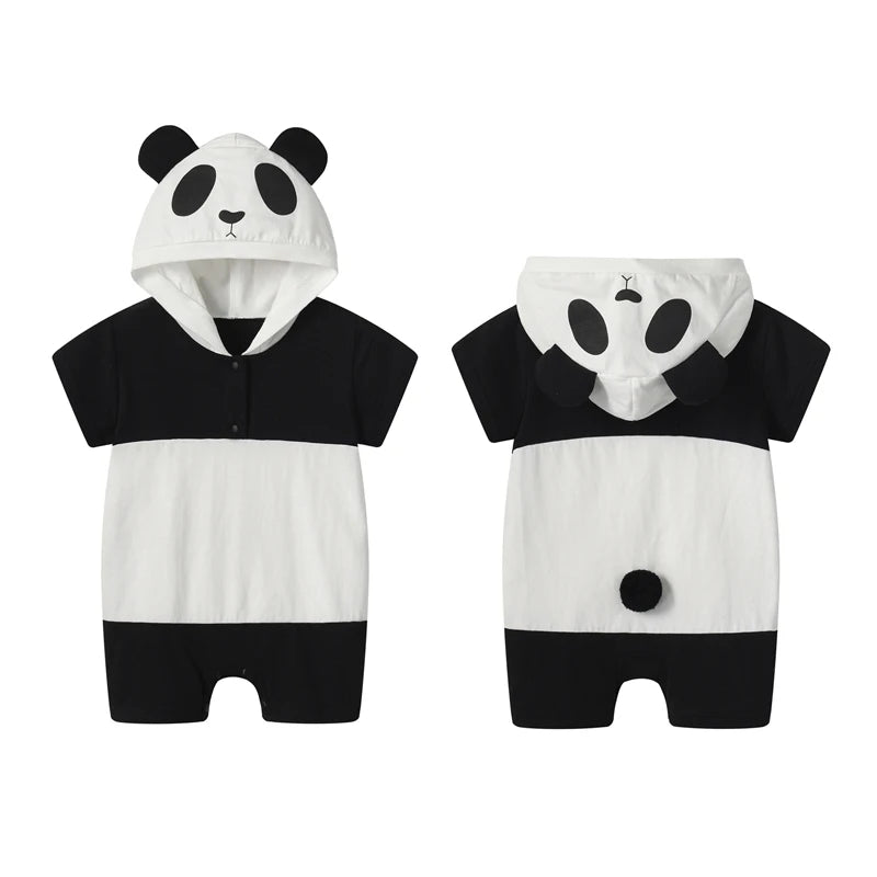 2024-04-11 Lioraitiin Summer Baby Boys Girls Panda Costume Short Sleeve Romper Cute Hooded Jumpsuit Cosplay Outfit
