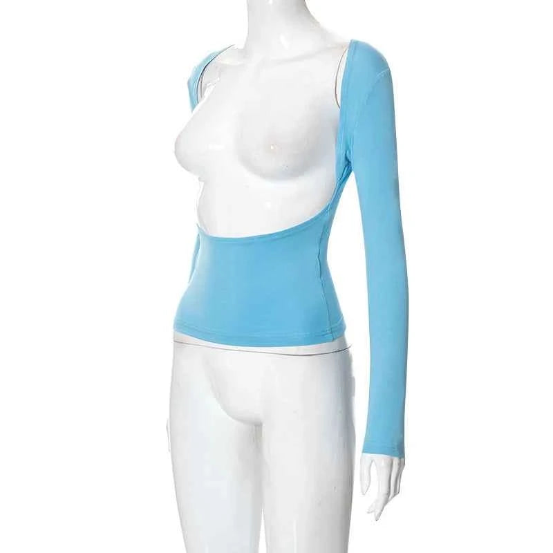 Backless Short Sleeve Blue Y2K Crop Top Women Casual O Neck  Summer T Shirts Sexy Vintage Cut Out