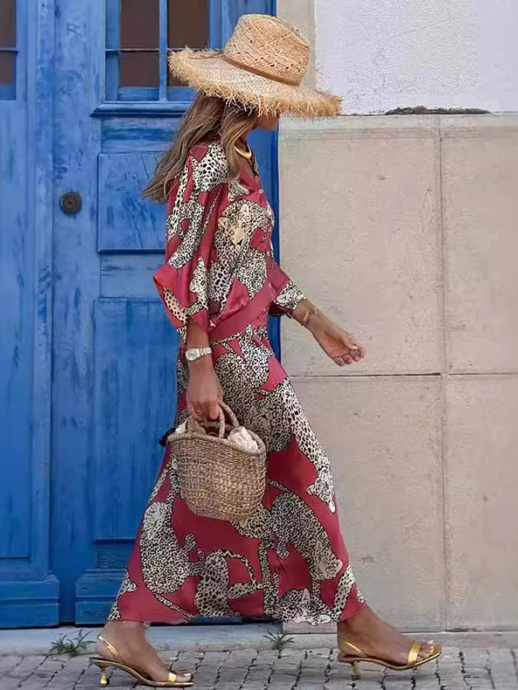 2024 Autumn New Women's Elegant Printed Leopard Pattern Fashion Two Piece Set V-neck Single Breasted Sexy Shirt Long Skirt Set