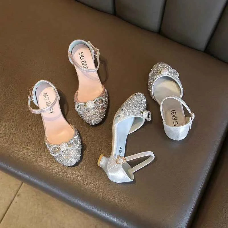 Girls High Heels for Kids Party Wedding Evening Dress Shoes 2026 Fashion Crystal Summer Princess Stockings Girl Sandals E02165