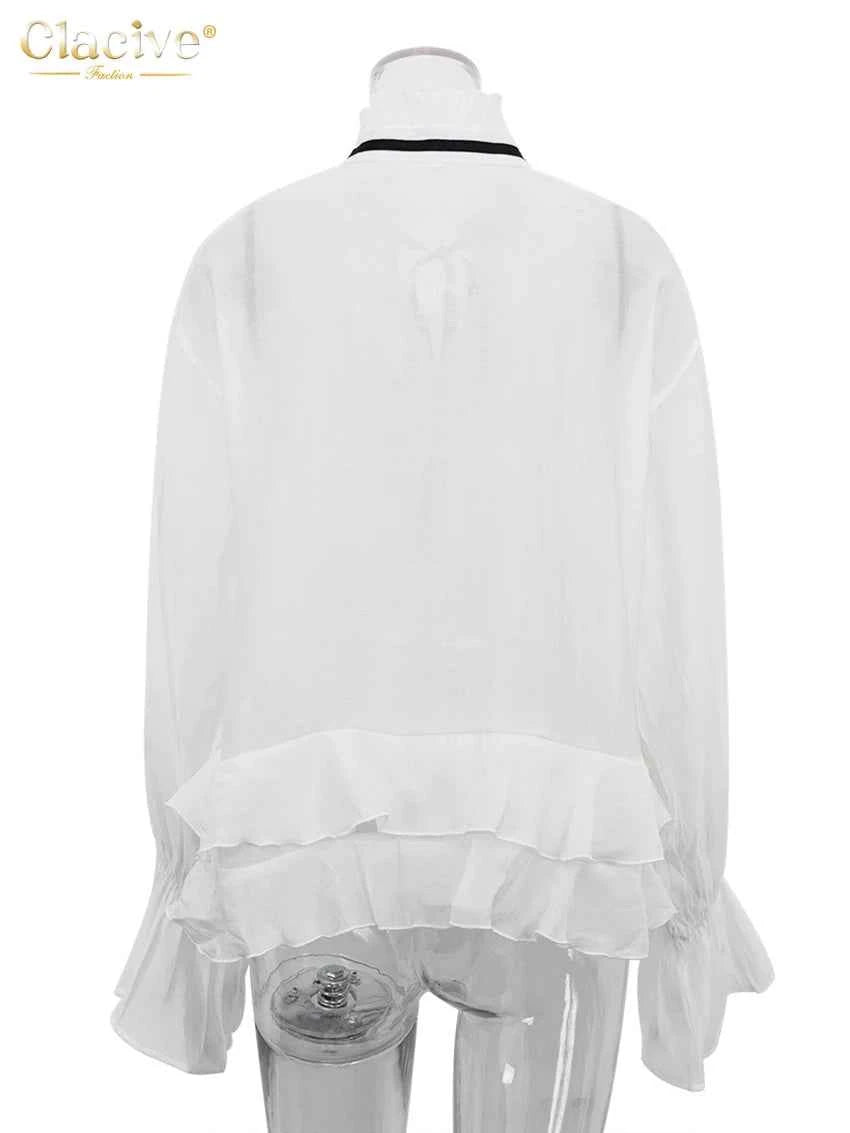 Clacive Sexy Loose White Women'S Shirt 2024 Fashion Ruffle Collar Long Sleeve Blouses Elegant See Through Top Female Clothing