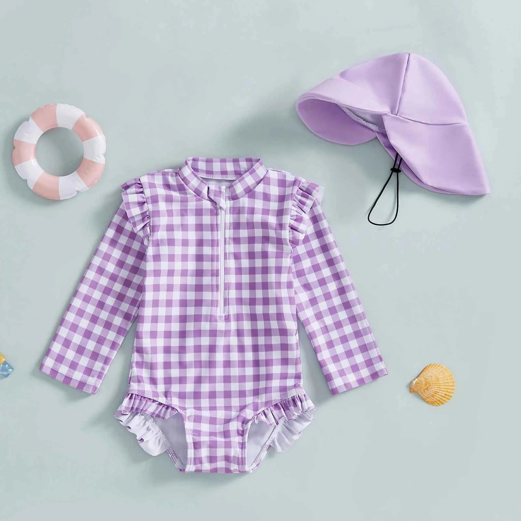MISOWMNJOY Plaid Print New Girls Swimwear Summer Kids Swimsuit with Hat Zip Up Long Sleeve Crew Neck Baby Girls Swimming Suit