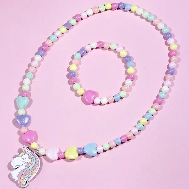 2pcs Colorful Cartoon Unicorn Flower Animal Child Sweater Necklace Bracelet Girl's Gifts Children's Jewelry Kids Toys