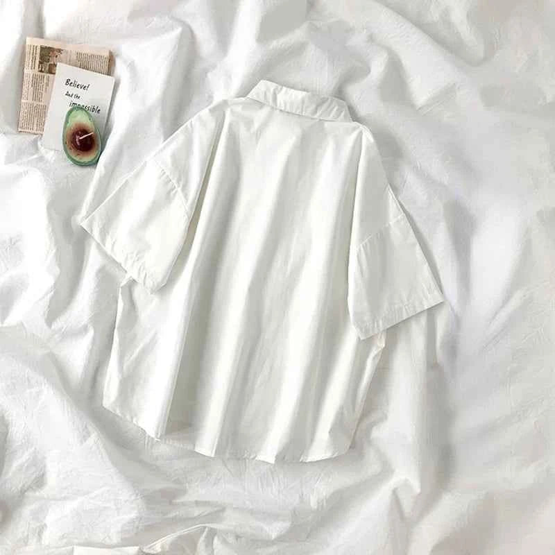 E-BAIHU 2025 White Shirt Women Blusas Short Sleeve Lapel Blouse with Tie Japanese Fashion Student Summer Daily College Style Top