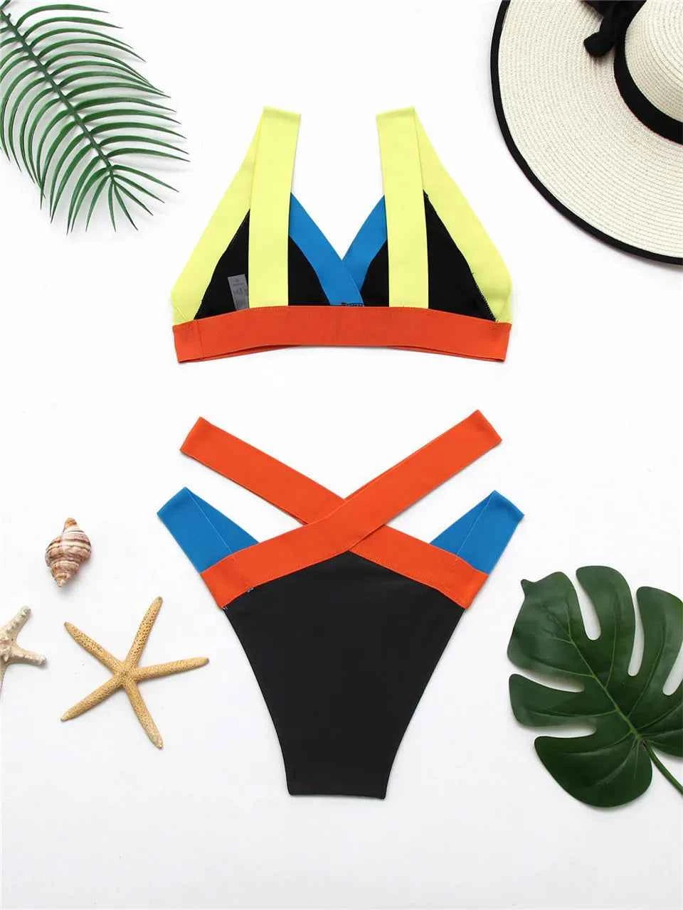 2025 High Waist Bikini Straped Swimsuit Block Color Women Solid Swimwear Female Bathers Bathing Swimming Suit Beachwear Summer