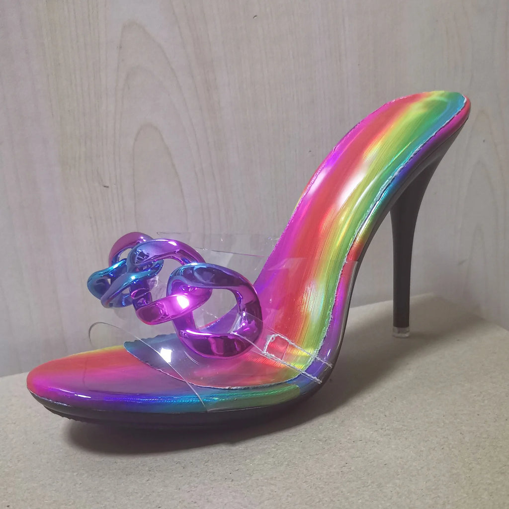 2022 New Diamond Chain Women Pumps Slippers Thin High Heels Party Shoes Fashion Solid Color Summer Dress Sandals Shallow Mouth