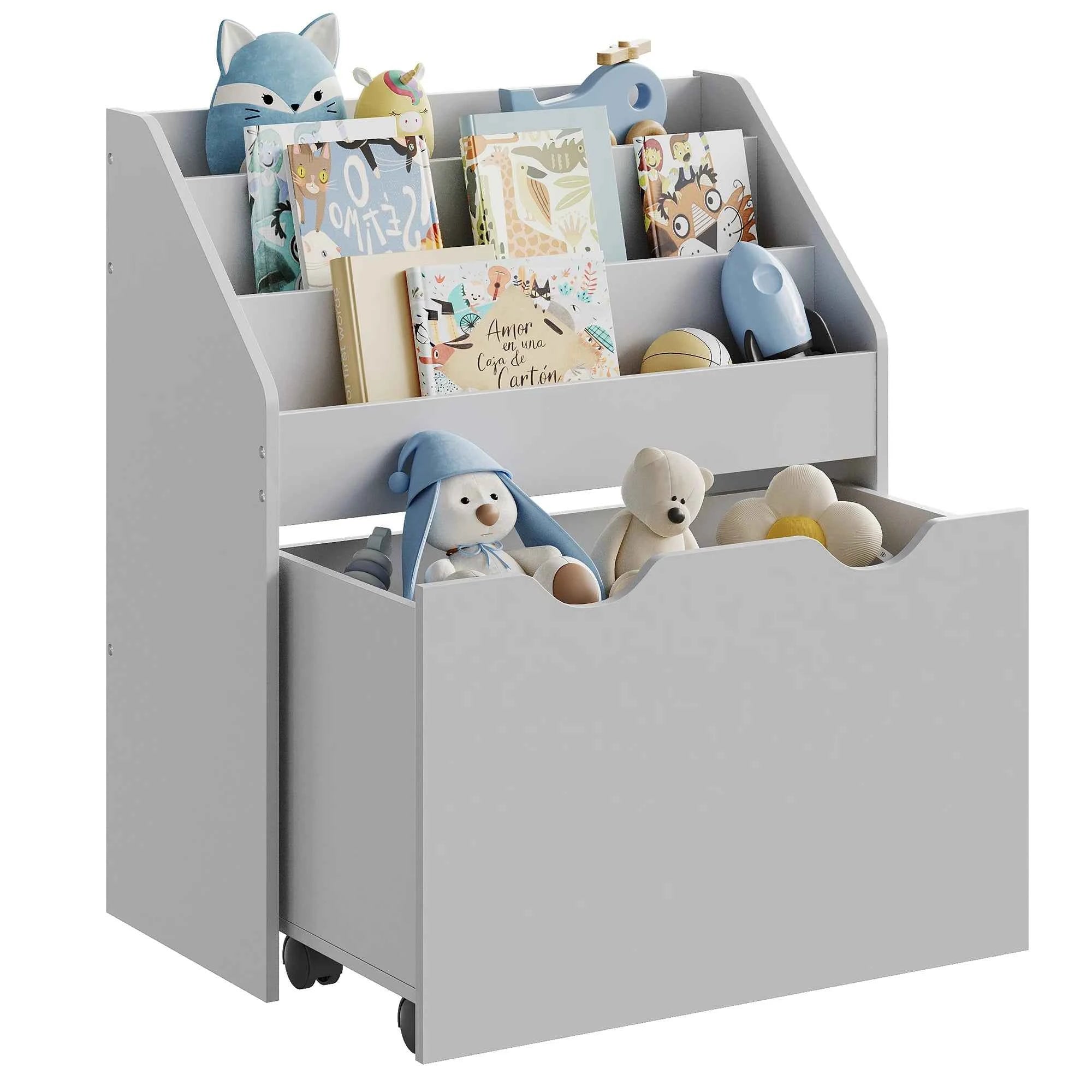 SONGMICS Kids Bookshelf and Toy Organiser, Toy Storage Chest and Bookcase with 3 Shelves, Storage Box with Wheels, Multipurpose