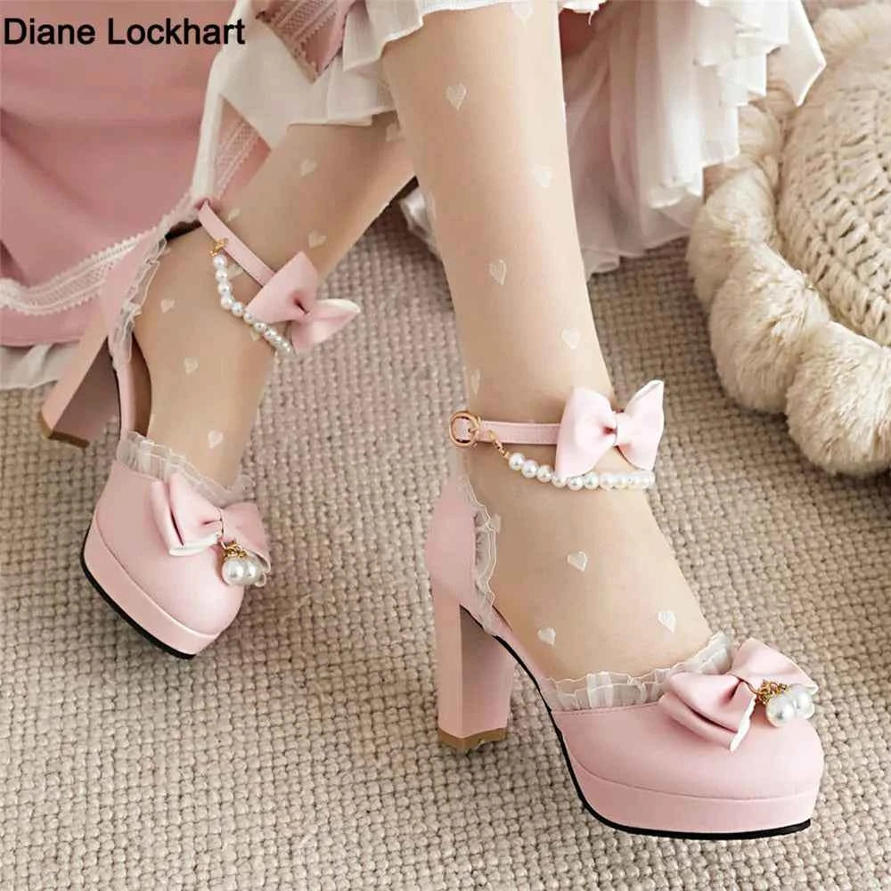 Spring Pearl Ankle Strap Women High Heels Mary Jane Pumps Party Wedding Cosplay White Pink Bow Princess High-heeled Lolita Shoes