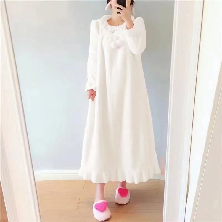 2025 Winter Long Sleeve Thick Warm Flannel Nightgowns for Women Korean Cute Coral Fleece Sleepwear Night Dress Nightdress Nighty