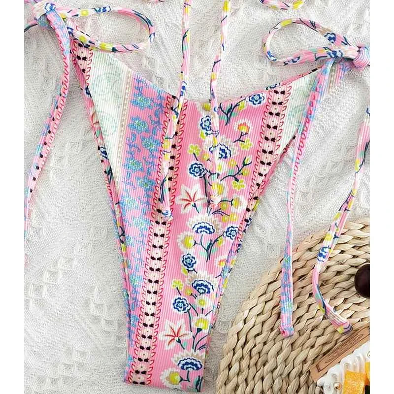 BIQIUYYI New Floral Print String Bandage Bikinis Triangle Cup Push Up Swimsuit Women Bathing Suit Beachwear Halter Swimwear XS