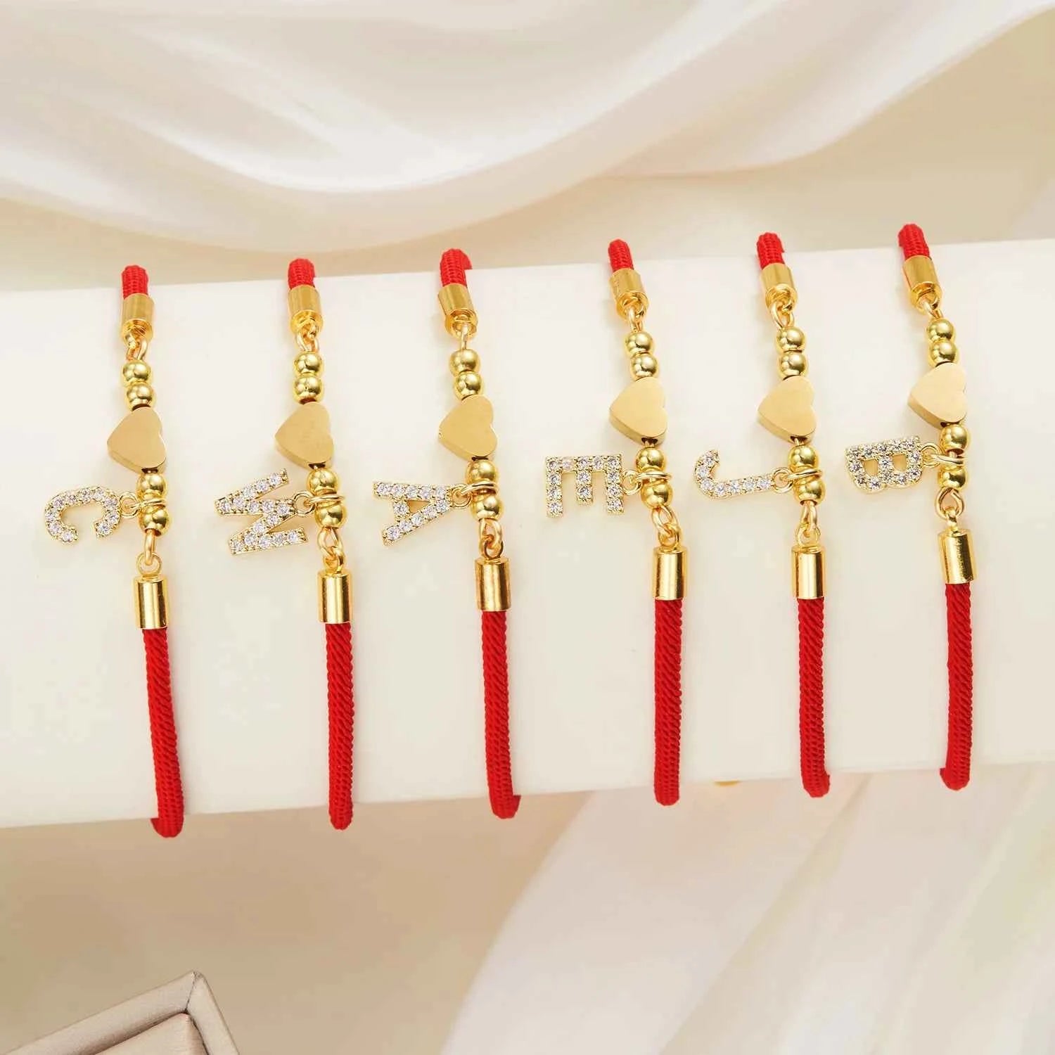 New Gold Stainless Steel Heart Initial Letter Bracelet - Red Rope Charm Jewelry for Men & Women, Lucky Gift