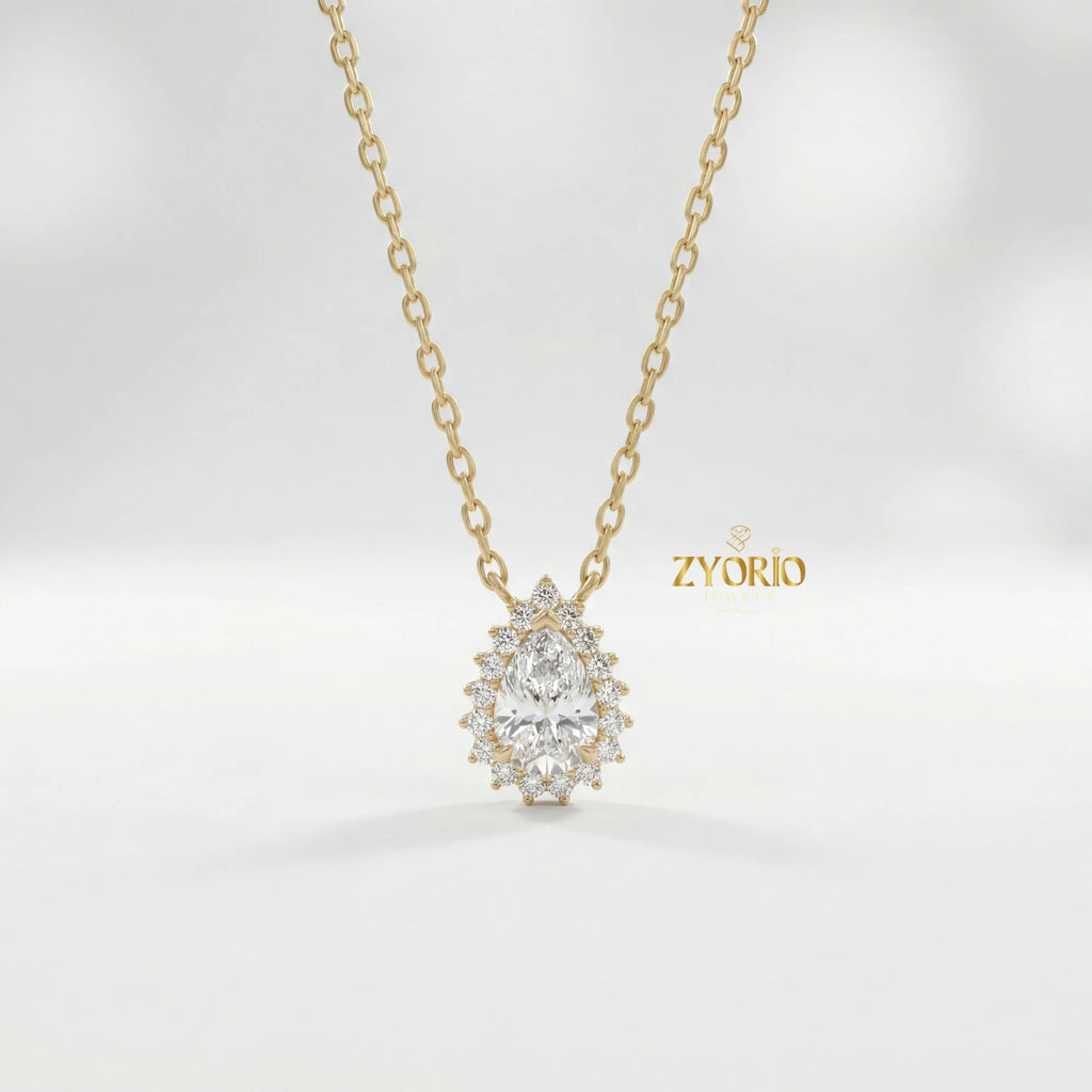Gold Pear Halo Diamond Luxury Pendant with Sparkling Diamonds Elegant Timeless Design Link Chain for Wedding Party & Anniversary