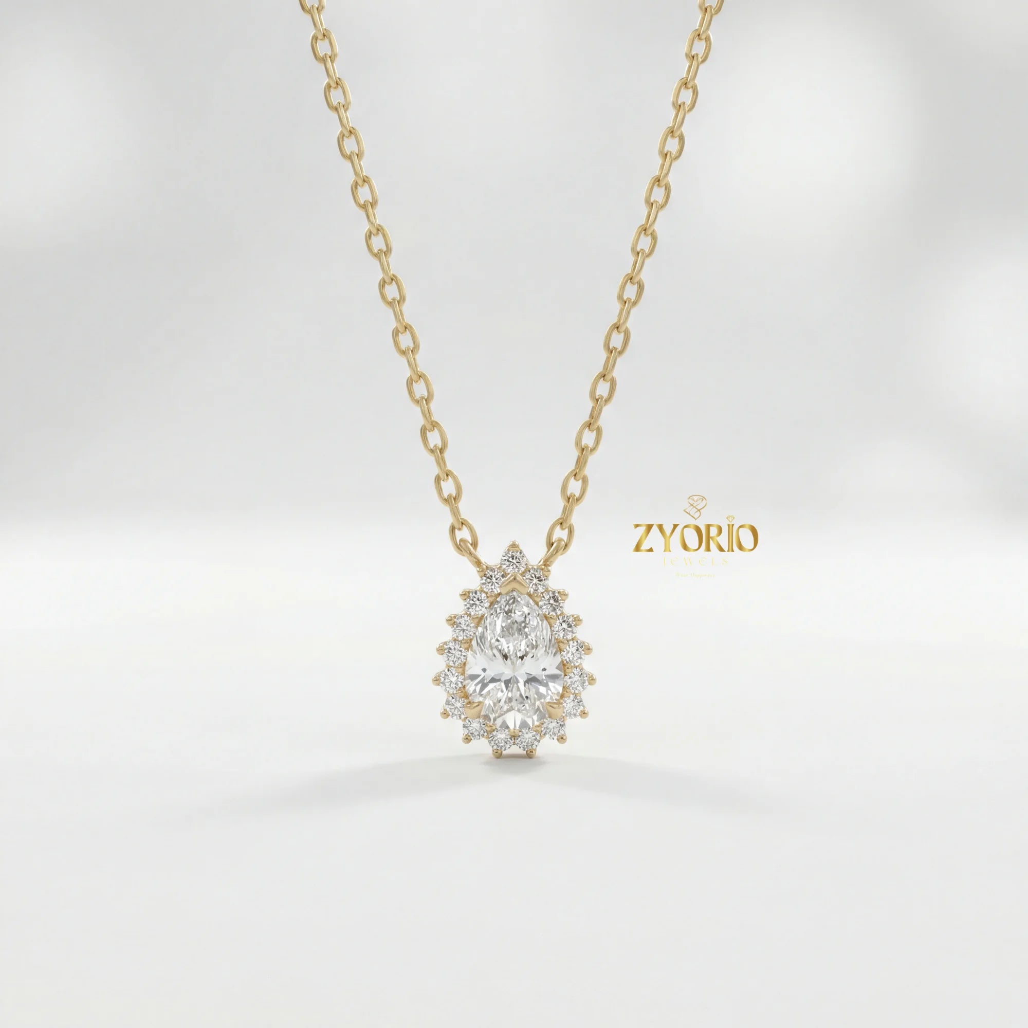 Gold Pear Halo Diamond Luxury Pendant with Sparkling Diamonds Elegant Timeless Design Link Chain for Wedding Party & Anniversary