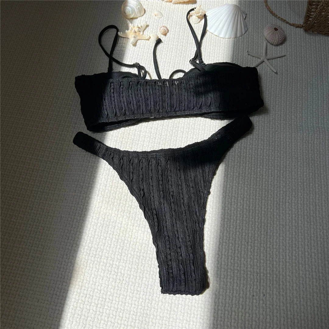 Wrinkled Crinkled Knotted Bikini Women Swimwear Female Swimsuit Two-Pieces Bikini Set Brazilian Bather Bathing Suit Swim V5709