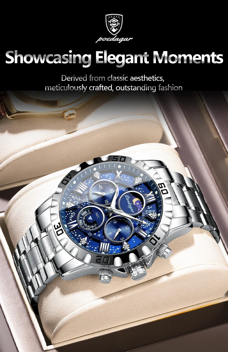 POEDAGAR Luxury Fashion Man Watch Waterproof Luminous Chronograph Men Watch Stainless Steel Sports Military Quartz Men's Watches