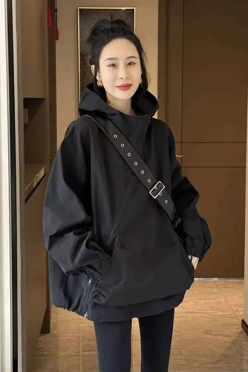 Women Hooded Jackets Diagonal Zipper Design Vintage Autumn Baggy Fashion BF Style Outdoor Chaqueta Mujer Leisure All-match Lady