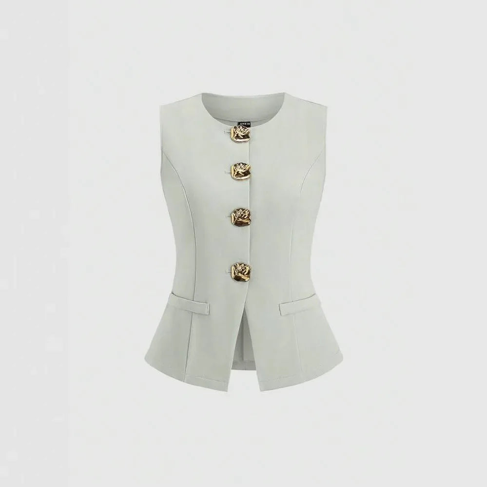 Fashionable Little Fragrance Style Women's Sleeveless round Neck Vest Waist-Cinching Pure Color Cross-Border Women's Jacket