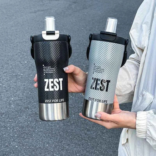 1pc Minimalist Sports-Style Insulated Water Bottle with Straw, 600ML with Handle, Lid Supporting Both Straw & Direct Drinking