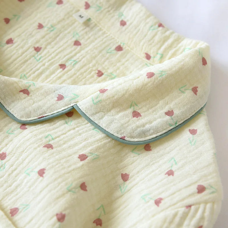 2025 Summer Women Pajamas Cute Tulip  Printing Sleepwear 100% Cotton Gauze Female 2 Piece Set  Nightwear Pyjamas Loungewear