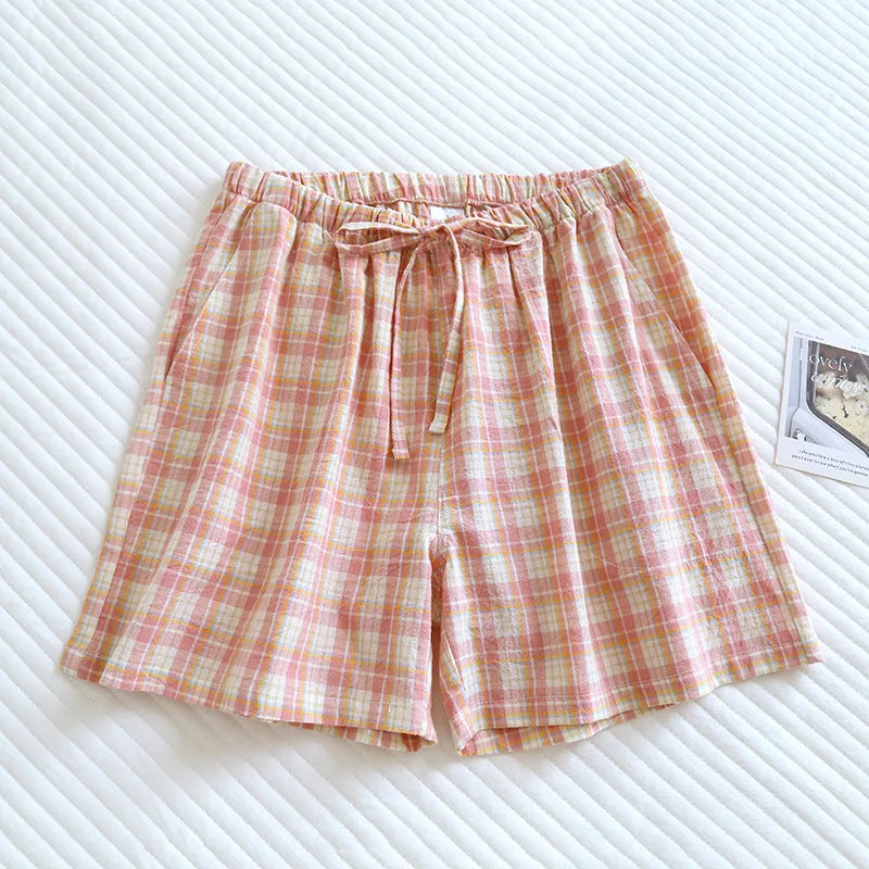 Summer Thin Loose Fit Women's Home Shorts Cotton Plaid Design Multi Colors Sleepwear Beach and Casual Wear Short Pants