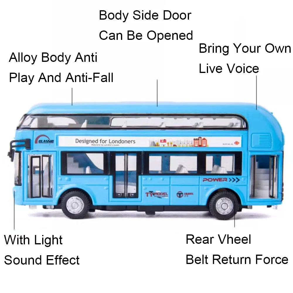 1/36 Scale Double Decker Bus Toy Car Model Alloy Diecast Sound Light Pull Back Doors Opened Vehicles Collectibles Birthday Gift