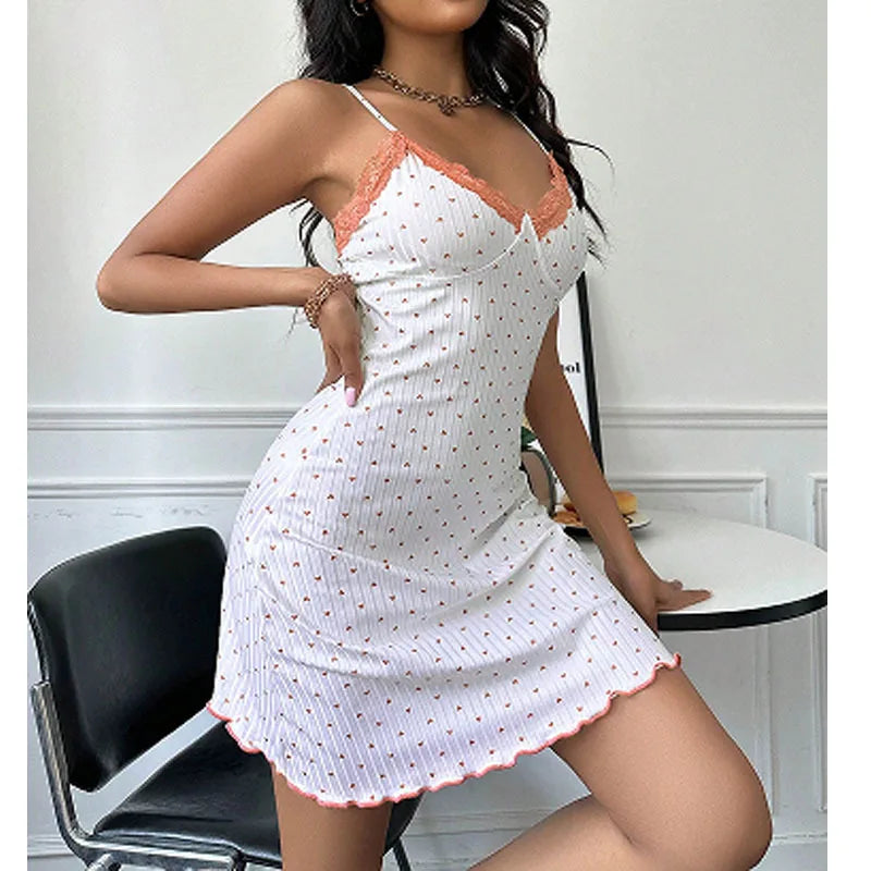 Women's Summer Sleepwear Heart Print Sling Dress Backless Casual Nightdress Short Skirt Soft Loungewear Homewear