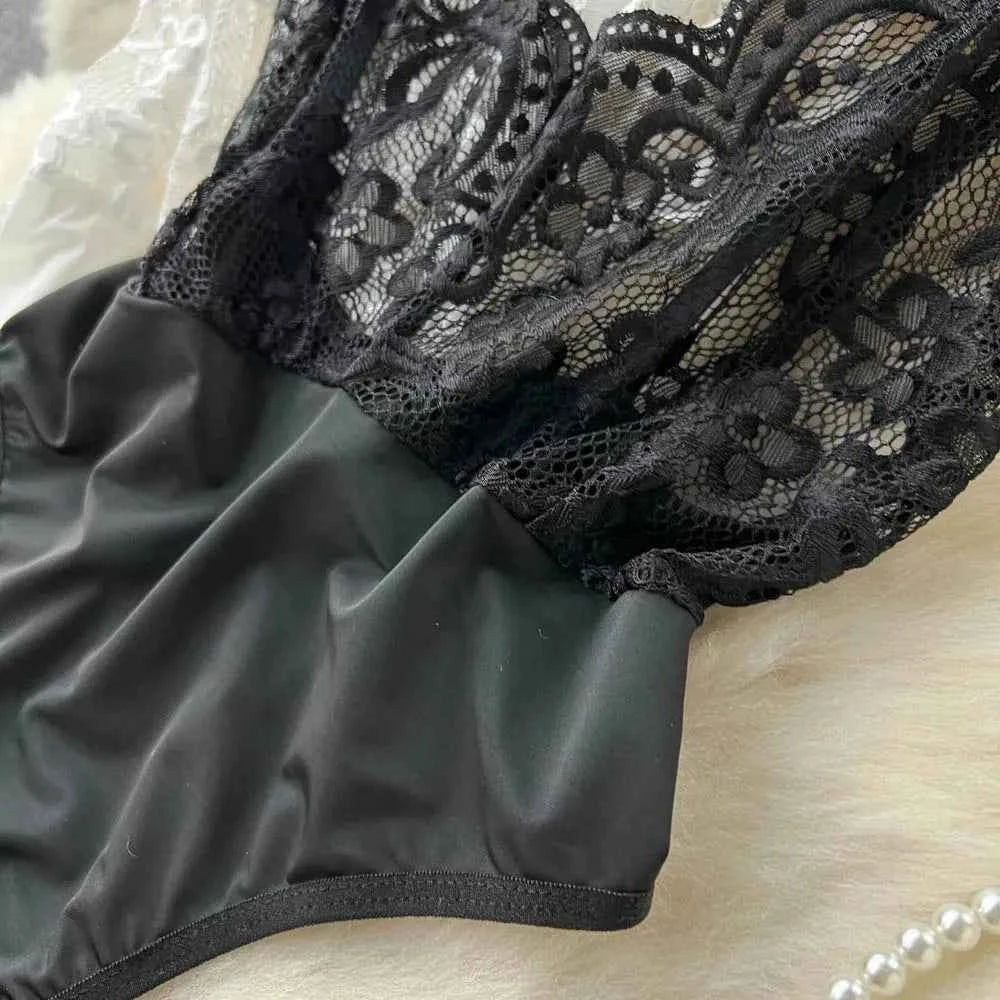 Women's V-neck Sexy Elegant Lace Camisole Jumpsuit Hollowed Transparent Tight Fitting Pajama Adjustable Shoulder Straps Hotsweet