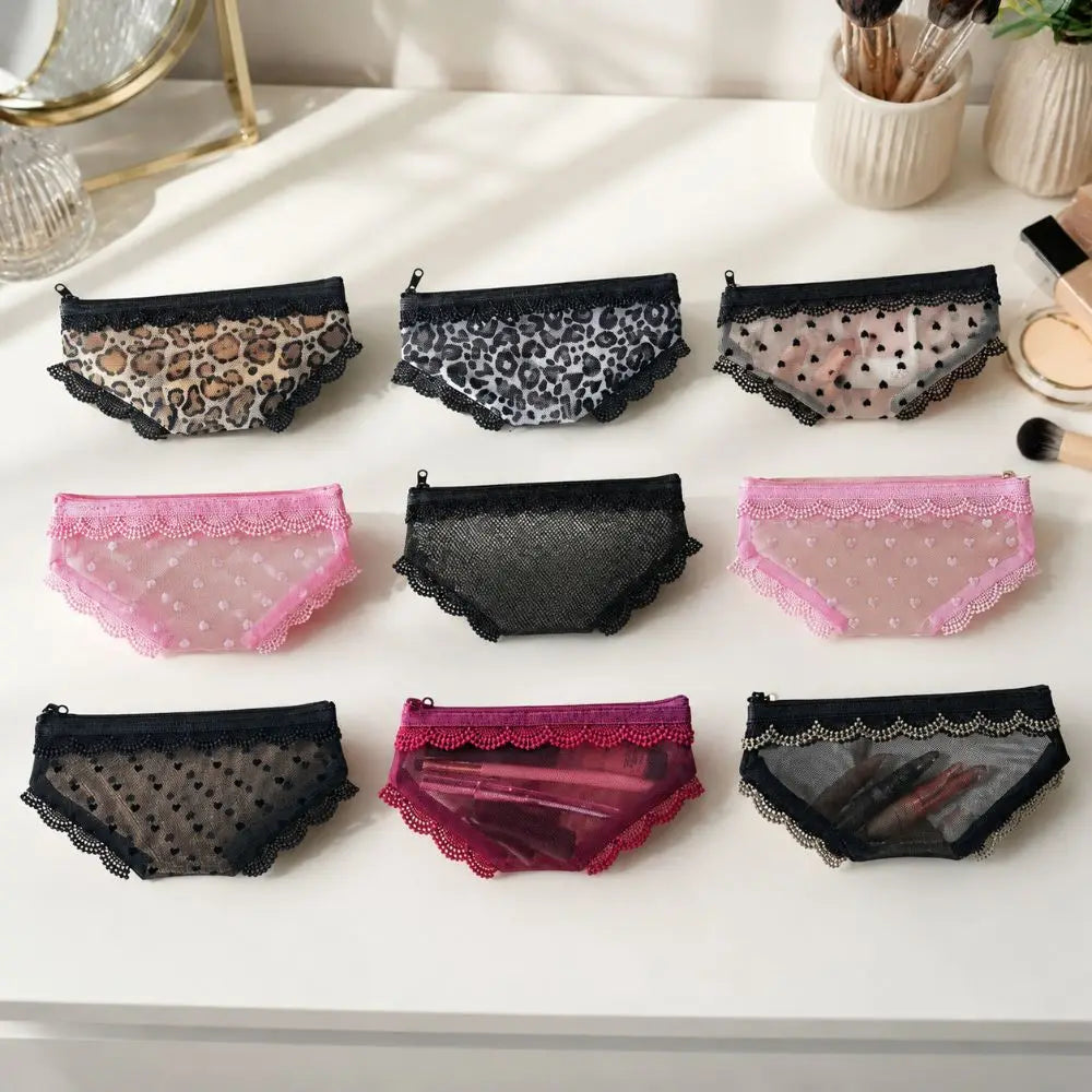 New Briefs Shape Cosmetic Bag Mesh Lace Heart Makeup Storage Pouch Y2K Transparent Toiletry Bag Storage for Travel