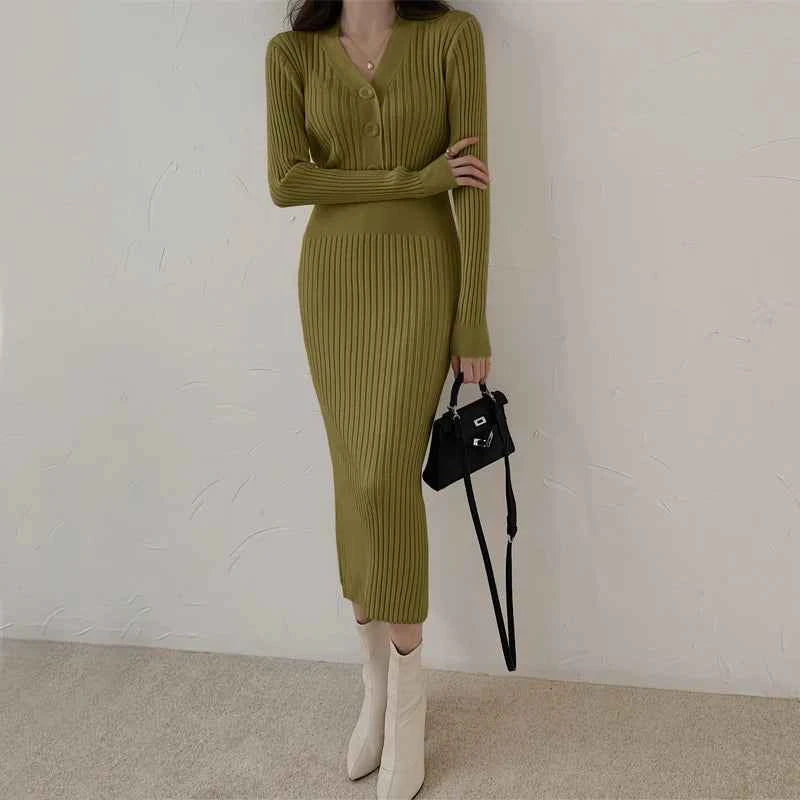 Autumn Winter Sweater Dress For Women 2024 New Arrivals Buttons Up V Neck High Waist Long Knitted Dress Korean Maxi Dresses