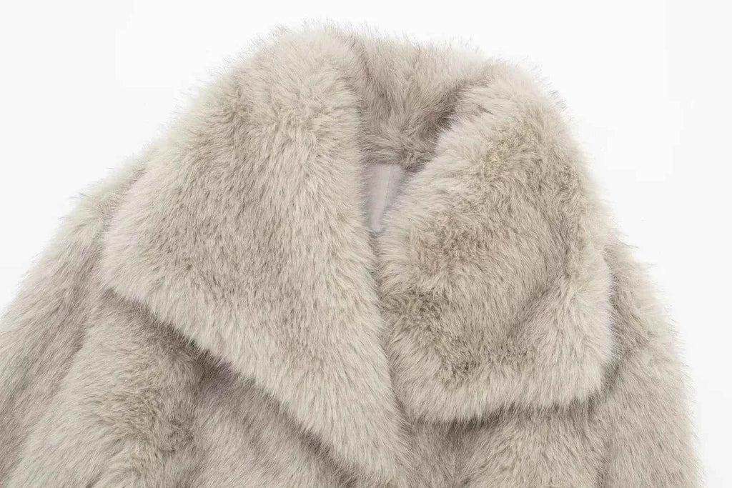 HH Women Fashion Cropped Faux Fur Jacket Coat Long Sleeve Front Snap-button Female Outerwear Chic Lapel Collar Thick Coat