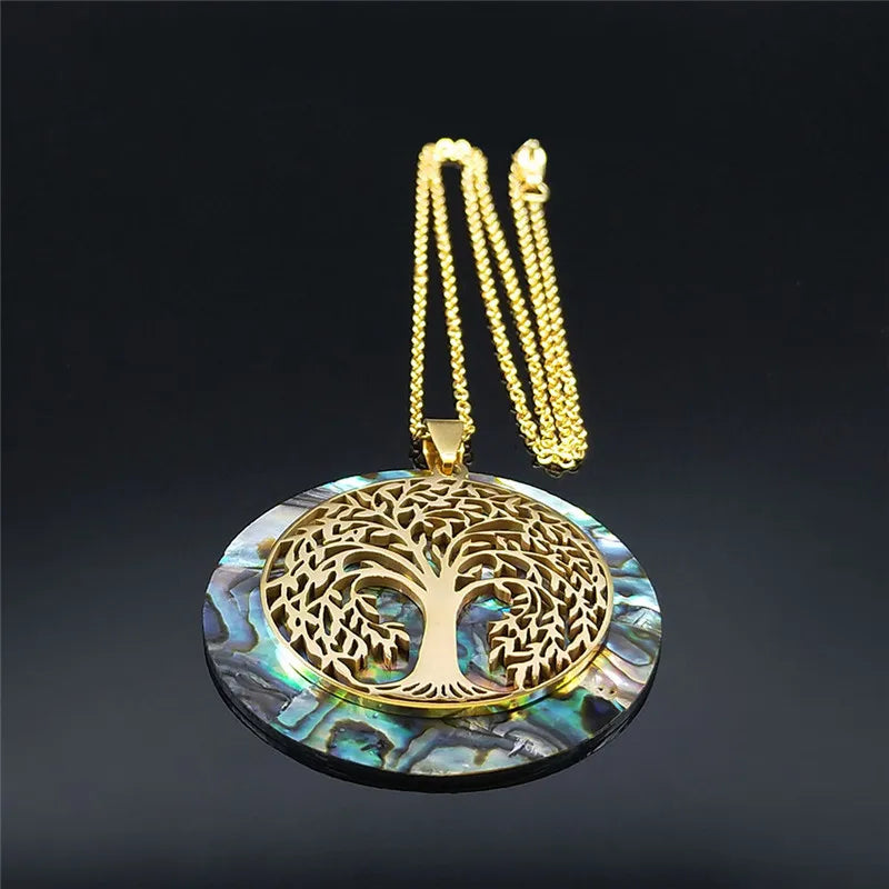 Tree of Life Stainless Steel Abalone Shell Natural Necklace Chain Gold Color Necklaces Mother Pearl Shell Boho Jewelry collar NX