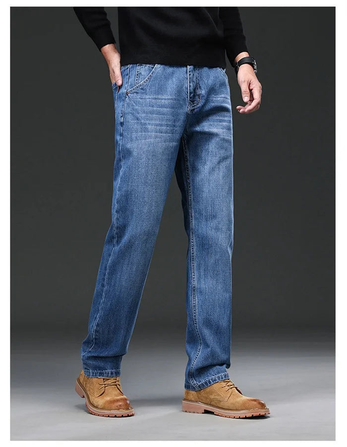 2026 Men Jeans 100% Cotton Thick Straight Plus Big Size 42 44 46 48 140KG Loose Classic Black Denim Trousers Casual Pants