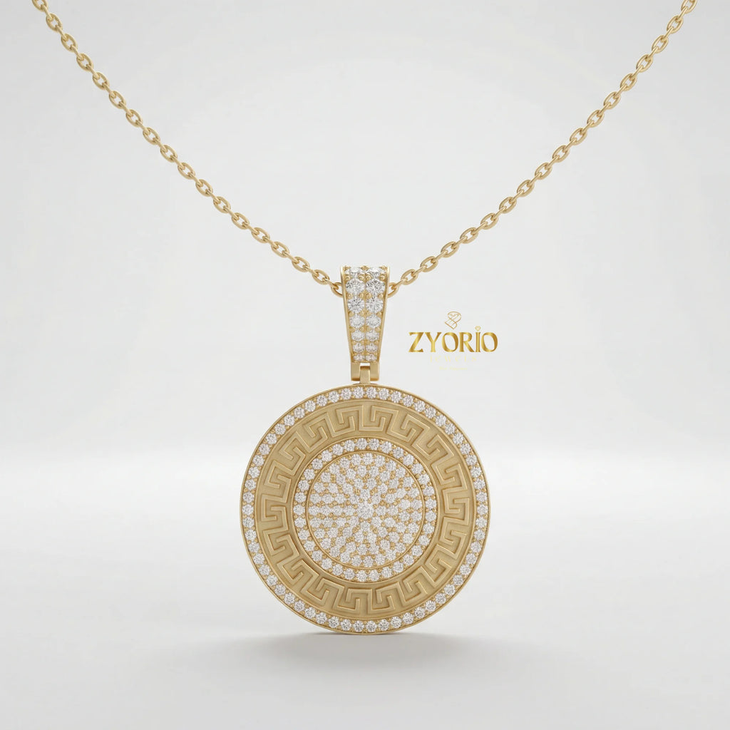 Gold Plated Greek Key Diamond Medallion Link Chain Pendant Luxury Engagement Wedding Anniversary Party Jewelry