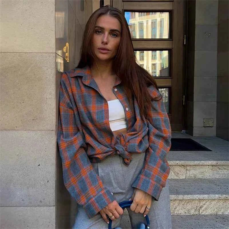 Vintage Plaid Blouse Women Spring Summer Korean Pocket Long Sleeve Lapel Shirt Fashion Streetwear Y2K Clothes 2026 Oversize Tops