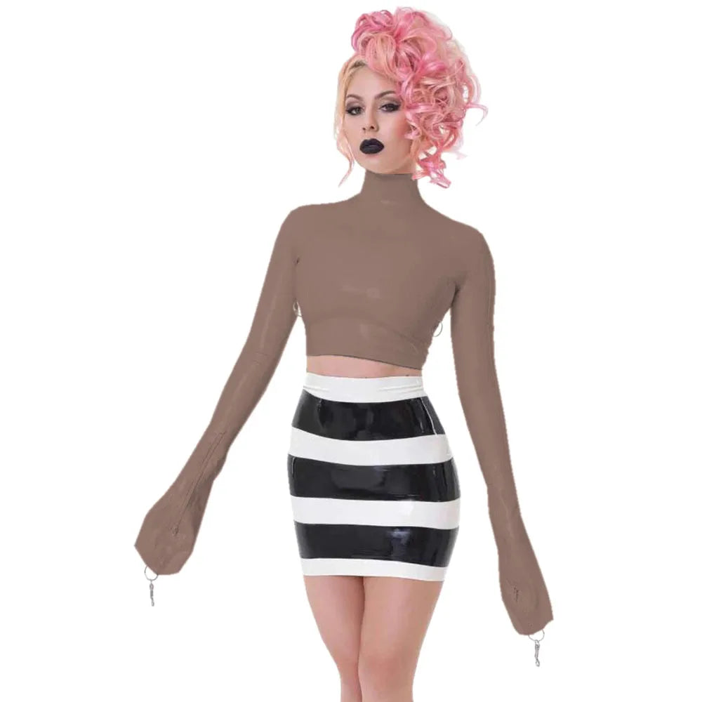 Sexy Crop Tops with Finger High Neck, Slim Skinny Leather, PVC Short Shirts, Vinyl Sexy Top with Lock Key, Club Night
