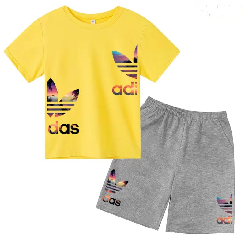 Kids T-shirt Set Colorful Letter Print Boys Girls 3-12Yrs Gift Short-sleeved+shorts 2P Round Neck Sports Casual Charming Clothes