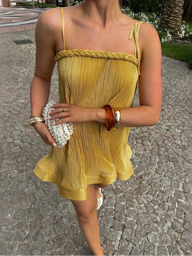 Cutenew Loose Stunning Women Mini Dress Summer Silky Ruffle Woven Strap Splice Sleeveless Vestidos Female Concise Party Frock