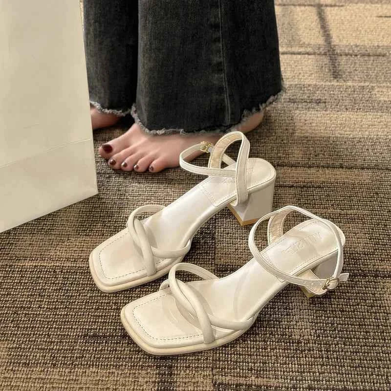 Sandals, 2025 Summer New Fashion Gentle Retro Chunky Non-slip Sandals, A Line with 5cm High Heels Summer Beach Sandals