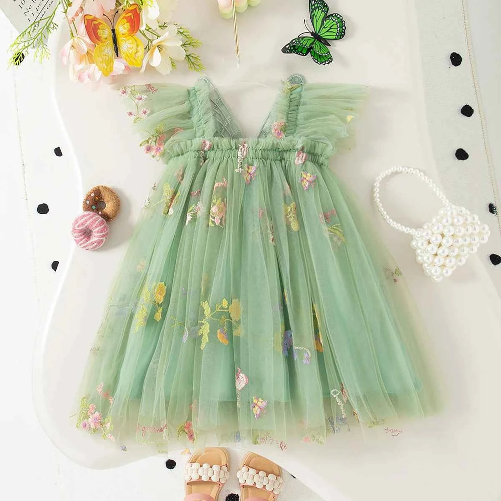 Summer New Girls' Dress Halter Small Flying Sleeve Embroidery Pattern Wings Sweet Princess Dress Mesh Princess Dress