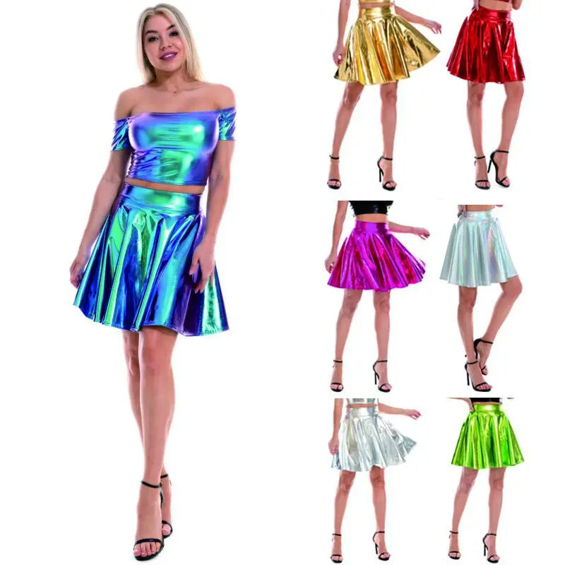 Women Summer Sexy Laser Skirts Mini PU Leather Club Party Dance Shiny Holographic Skirts Harajuku JK Metallic Pleated Skirts